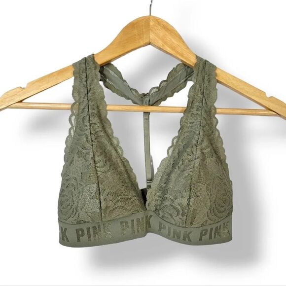 Victoria's Secret Pink Lace T-Strap Logo Bralette in Army Green Size Small - Picture 12 of 13